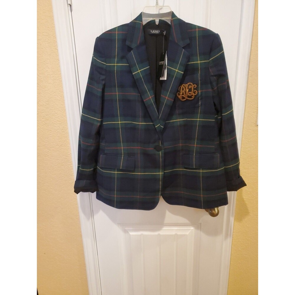 Lauren Ralph Lauren Navy Green Plaid Blazer with Gold Monogram - Picture 2 of 15